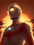  1boy alien chopchopguy cloud cloudy_sky color_timer commentary_request dan_jirou highres kaette_kita_ultraman no_humans sky solo sun sunset tokusatsu ultra_series ultraman_jack upper_body 