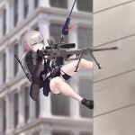  1girl absurdres backpack bag black_thighhighs bolt_action cheytac_m200 girls&#039;_frontline gogo_(gogo_23) green_eyes gun highres m200_(girls&#039;_frontline) military miniskirt rifle shell_casing shirt skirt sniper_rifle thighhighs weapon white_shirt 