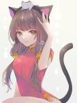  1girl \||/ animal_ears animal_on_head arm_at_side asakura_karen_(heaven_burns_red) brown_hair cat cat_ears cat_girl cat_on_head commentary_request dress eyelashes fake_animal_ears grey_background hair_between_eyes hand_up heaven_burns_red highres hip_vent light_blush long_hair looking_at_viewer low-tied_long_hair low_twintails on_head parted_lips red_dress rin_0101010 short_dress short_sleeves signature simple_background solo tail_raised twintails upper_body very_long_hair yellow_eyes 