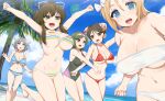  5girls absurdres arms_up asuka_(senran_kagura) beach bikini black_one-piece_swimsuit blonde_hair blue_bikini blue_eyes blue_sky breasts brown_eyes brown_hair cleavage cloud cloudy_sky day green_hair grey_hair hairband hanabi_(senran_kagura) highres jumping kusaka_souji large_breasts long_hair looking_at_another looking_at_viewer mai_(senran_kagura) medium_hair meimei_(senran_kagura) multiple_girls navel ocean one-piece_swimsuit open_mouth outdoors ponytail red_bikini running sand senran_kagura senran_kagura_shinovi_versus sidelocks sky smile strapless striped striped_bikini swimsuit tree tube_top white_bikini yellow_eyes yumi_(senran_kagura) 