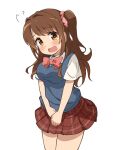  1girl blue_sweater_vest blush bow bowtie breasts brown_hair collared_shirt covering covering_crotch cowboy_shot d: flying_sweatdrops furrowed_brow highres idolmaster idolmaster_cinderella_girls kuwahara long_hair looking_at_viewer medium_breasts one_side_up open_mouth orange_eyes pink_bow pink_bowtie pleated_skirt red_skirt school_uniform shimamura_uzuki shirt short_sleeves simple_background skirt skirt_tug solo sweater_vest tearing_up thighs uniform wavy_mouth white_background white_shirt 