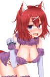  1girl :d absurdres ahoge all_fours amairo_islenauts animal_ears bare_shoulders blue_gloves blush breasts cleavage clip_studio_paint_(medium) commentary_request cosplay cowboy_shot elbow_gloves eyelashes eyes_visible_through_hair fang fate/grand_order fate_(series) fur-trimmed_gloves fur_trim gloves hair_between_eyes hair_ornament hand_up highres large_breasts looking_at_viewer makochan42 masaki_gaillard mash_kyrielight mash_kyrielight_(dangerous_beast) mash_kyrielight_(dangerous_beast)_(cosplay) medium_hair open_mouth paw_pose purple_eyes purple_fur red_hair shiny_skin simple_background smile solo white_background wolf_ears wolf_girl x_hair_ornament 