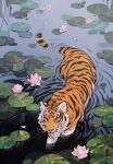  animal chinese_zodiac highres lily_pad nature no_humans original striped_fur tiger wading water water_lily_flower year_of_the_tiger yueko_(jiayue_wu) 
