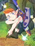  2boys back-to-back bare_arms blue_eyes blush_stickers brown_hair drawing forest grass green_footwear green_hair green_headwear green_tunic hand_on_own_arm highres holding holding_stick hylian_shield light_particles link looking_at_viewer male_focus mido_(zelda) multiple_boys nasagina nature navi outdoors pants pointy_ears saria_(zelda) shield shield_on_back short_hair sitting stick sword sword_on_back the_legend_of_zelda the_legend_of_zelda:_ocarina_of_time weapon weapon_on_back white_pants 