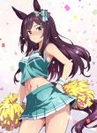  1girl animal_ears armpits bare_shoulders blue_skirt bow breasts cheerleader cowboy_shot frown hair_bow highres horse_ears horse_girl horse_tail long_hair looking_at_viewer medium_breasts mejiro_dober_(umamusume) midriff miniskirt nakahira_guy navel pleated_skirt purple_hair skirt solo tail thighs umamusume 