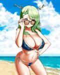  1girl absurdres antlers bare_shoulders beach bikini blue_bikini blue_sky blush braid braided_bangs breasts ceres_fauna cleavage cloud collarbone cowboy_shot day glasses green_hair hair_ornament highres hololive jewelry kenatosne large_breasts long_hair looking_at_viewer multicolored_hair navel ocean outdoors sky smile solo standing stomach sunglasses swimsuit thighs virtual_youtuber 