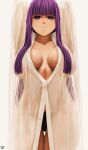  1girl absurdres arms_behind_head arms_up artist_name black_panties breasts buttons closed_mouth collared_dress dated dress expressionless fern_(sousou_no_frieren) highres large_breasts long_hair long_sleeves looking_at_viewer panties partially_unbuttoned purple_eyes purple_hair purple_pupils see-through see-through_dress sidelocks simple_background solo sousou_no_frieren split_mouth steb thigh_gap underwear very_long_hair white_background white_dress 