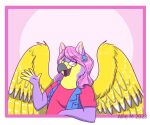  2023 accessory anthro avian beak black_beak clothed clothing eyewear female fingerless_(marking) flower flower_in_hair glasses gryphon hair hair_accessory hi_res hollyann_(character) mythological_avian mythology open_beak open_mouth plant purple_body purple_hair solo wings yellow_wings zinacat 