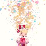  1girl aisaki_emiru artist_name blonde_hair blunt_bangs bow closed_eyes commentary confetti cure_macherie dress earrings facing_viewer hat hat_bow highres hugtto!_precure jewelry long_hair magical_girl mob_cap open_mouth petals pink_dress pom_pom_(clothes) pom_pom_earrings precure purple_bow red_bow signature smile solo tete_a twintails upper_body white_background white_headwear 