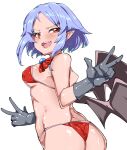  1girl ass bat_wings bikini black_gloves blush breasts covered_nipples gloves looking_at_viewer looking_back medium_breasts momongaso_(twitter_artist) pointy_ears purple_hair red_bikini red_eyes remilia_scarlet short_hair solo swimsuit touhou upper_body w wings 