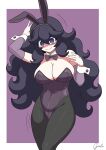  1girl @_@ alternate_breast_size alternate_costume animal_ears bare_shoulders black_hair black_pantyhose border bow bowtie breasts cleavage closed_mouth commentary_request detached_collar detached_sleeves fake_animal_ears garloo hair_between_eyes hex_maniac_(pokemon) highleg highleg_leotard highres large_breasts leotard long_hair looking_at_viewer outside_border pantyhose playboy_bunny pokemon pokemon_(game) pokemon_xy purple_background purple_bow purple_bowtie purple_eyes purple_leotard purple_sleeves rabbit_ears shaded_face signature simple_background smile solo strapless strapless_leotard thighs wavy_hair white_border wrist_cuffs 