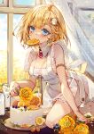  1girl anklet apron blonde_hair blue_eyes blueberry blush bottle breasts cake commentary curtains day detached_collar eyelashes flower food food_in_mouth fruit glint grapes hair_ornament hieihirai highres hololive hololive_english indoors jewelry looking_at_viewer mandarin_orange medium_breasts medium_hair milk_bottle mole mole_on_breast monocle_hair_ornament mouth_hold naked_apron necktie orange_(fruit) orange_slice red_necktie short_necktie solo sunlight virtual_youtuber watson_amelia white_apron window yellow_flower 