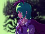  1girl antennae blue_eyes breasts cape collarbone commentary green_hair highres juliet_sleeves long_sleeves medium_breasts medium_hair profile puffy_sleeves purple_cape solo touhou upper_body wriggle_nightbug zawabug 