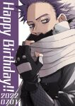  1boy black_gloves black_jacket boku_no_hero_academia covered_mouth dated fingerless_gloves gloves grey_scarf happy_birthday highres jacket long_sleeves looking_at_viewer male_focus purple_eyes purple_hair rnuyvm scarf shinsou_hitoshi short_hair solo white_background 
