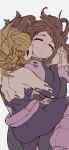  2girls absurdres blonde_hair blush_stickers bodysuit boku_no_hero_academia breasts brown_hair cleavage closed_eyes double_bun eyelashes hair_bun hand_on_another&#039;s_face highres holding_hands kiss kissing_cheek kogorooz messy_hair multiple_girls toga_himiko torn_bodysuit torn_clothes unaligned_breasts uraraka_ochako yuri 