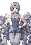  +_+ 1girl :d arachne arthropod_girl bare_arms bare_shoulders black_eyes black_hair blunt_bangs breasts clenched_hands collarbone commentary_request covered_navel fangs grey_fur grey_hair hand_on_own_hip highres light_blush looking_at_viewer mandibles medium_breasts monster_girl multicolored_hair one-piece_swimsuit open_mouth original plan_(planhaplalan) short_hair simple_background skin_fangs smile solo spider_girl swimsuit taur thigh_gap white_background white_hair 