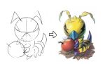  1other antennae apple beak caterpillar digimon digimon_(creature) doodle_inset food fruit hawe_king holding holding_food holding_fruit kunemon multiple_views no_humans simple_background sketch variations white_background 