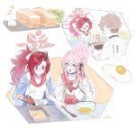  1boy 2girls black_horns blue_archive blue_eyes blush breasts brown_hair closed_eyes closed_mouth cooking ekoru food hair_between_eyes halo haori highres horns japanese_clothes long_hair long_sleeves mimori_(blue_archive) multiple_girls omelet open_mouth pink_hair pink_halo ponytail red_eyes red_hair red_halo red_sailor_collar renge_(blue_archive) revision sailor_collar sensei_(blue_archive) short_sleeves single_horn small_breasts smile tamagoyaki translation_request twitter_username 