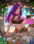  1girl absurdres bare_shoulders bikini black_bikini black_choker breasts choker cleavage closed_eyes facing_viewer fire_emblem fire_emblem:_three_houses fire_emblem_heroes fire_emblem_warriors:_three_hopes flower hair_flower hair_ornament hair_over_one_eye highres long_hair navel official_alternate_costume purple_hair shez_(female)_(fire_emblem) shez_(female)_(summer)_(fire_emblem) shez_(fire_emblem) smile solo stomach swimsuit teo_(telo_ruka) white_flower 