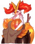  anthro areola big_breasts blush braixen breasts canid canine duo female fur generation_6_pokemon hi_res human inner_ear_fluff mammal nintendo nipples nude omikuro pokemon pokemon_(species) simple_background smile tuft white_background yellow_body yellow_fur 