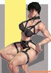  1girl abs absurdres breasts burn_scar choker collar green_hair highres jujutsu_kaisen large_breasts lingerie looking_to_the_side muscular muscular_female patreon round_eyewear scar short_hair sitting solo stopu thighs toned underwear yellow_eyes 