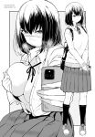  1girl bag blush breasts cellphone closed_mouth commentary_request covering_nipples dated full_body grey_background heavy_breathing highres holding holding_phone kichihachi large_breasts long_sleeves mask monochrome mouth_mask multiple_views open_clothes open_shirt original phone ribbon school_uniform shirt shoes short_hair skirt standing surgical_mask sweater_vest twitter_username two-tone_background 