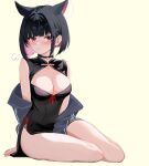  1girl =3 alternate_costume animal_ears arm_between_legs bare_legs black_choker black_hair black_jacket blue_archive blunt_bangs blunt_ends blush breasts cat_ears china_dress chinese_clothes choker cleavage cleavage_cutout clothing_cutout colored_inner_hair dress extra_ears halo jacket kazusa_(blue_archive) large_breasts looking_at_viewer multicolored_hair pelvic_curtain pink_eyes pink_hair ryouta_(ryouta335) short_hair simple_background sitting solo two-tone_hair yokozuwari 
