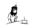  anthro birthday birthday_cake birthday_hat black_and_white cake clothed clothing despair dessert didelphid digital_drawing_(artwork) digital_media_(artwork) eyewear female food glasses greyscale hair hi_res hladilnik long_hair mammal marsupial marylin_(hladilnik) messy_hair monochrome sad shirt simple_background sketch slouching solo t-shirt topwear 