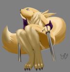  absurd_res anthro anus bandai_namco black_sclera blue_eyes breasts canid canine digimon digimon_(species) female fur genitals hi_res mammal nude pussy renamon rokkofennec simple_background sitting smile solo tail tuft white_body white_fur yellow_body yellow_fur 