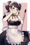  apron black_dress black_eyes black_hair blush border breasts cleavage commentary_request detached_collar dress fingernails hands_on_own_face kawakami_sadayo large_breasts long_hair maid maid_headdress neck_ribbon outside_border persona persona_5 pink_background pppppknw puffy_short_sleeves puffy_sleeves red_nails ribbon short_sleeves simple_background swept_bangs twintails twitter_username waist_apron white_apron white_border 