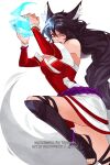  1girl ahri_(league_of_legends) animal_ears artist_name black_hair breasts cleavage detached_sleeves energy_ball facial_mark fingernails fox_ears fox_girl fox_tail hair_between_eyes highres jjolee league_of_legends long_hair looking_at_viewer nail_polish red_nails sharp_fingernails simple_background solo tail toeless_footwear toenails toes whisker_markings white_background yellow_eyes 