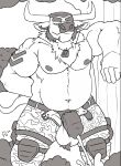  2022 anthro balls barechested beard belly biceps black_and_white bodily_fluids body_hair bottomwear bovid bovine camo camo_bottomwear camo_clothing camo_pants camo_print cattle clothed clothing dog_tags facial_hair foreskin genital_fluids genitals hairy_balls hi_res horn knee_pads leaning_on_object male mammal manly monochrome musclegut muscular navel nipples outside pants pants_unzipped pattern_bottomwear pattern_clothing pattern_pants pecs peeing penis plaguedobsession plant potheplatypus pubes raised_arm shirtless shirtless_male shrub sideburns slightly_chubby solo standing tattoo topless topless_male tree triceps unzipped unzipped_pants urine urine_splash urine_splatter urine_stream watersports zipper 