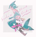  1other androgynous aqua_eyes aqua_hair boots brown_footwear character_request commentary cookie_run dual_persona fins fish_tail holding_telescope humanization mamimumemo personification red_sash sash shark_fin shark_tail solo sorbet_shark_cookie tail telescope 