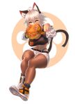  1girl abs absurdres ahoge animal_ears belt belt_buckle breasts buckle burger cat_ears cat_girl cat_tail closed_eyes commentary cropped_jacket eating english_commentary fingerless_gloves food full_body gintm gloves grey_hair highres holding holding_food jacket large_breasts midriff navel open_clothes open_jacket original pantyhose short_hair shorts solo tail 