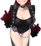  1girl black_choker black_jacket black_leotard blush breasts choker collarbone frilled_sleeves frills gloves head_out_of_frame highres jacket koyuki0125k large_breasts leotard long_hair long_sleeves lower_body persona persona_5 persona_5_the_royal ponytail red_eyes red_gloves red_hair simple_background solo sweat thighs yoshizawa_kasumi 