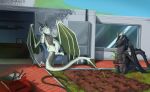  blue_body courtyard dragon duo eyes_closed female feral garden gardening hi_res invalid_tag male male/female markings multicolored_body plant resting scales scalie shido-tara sitting sitting_on_ground sunbathing two_tone_body western_dragon white_body 