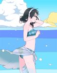 1girl between_legs bikini black_hair braid breasts bubble cloud floral_print from_side glasses hairband kantai_collection long_hair ojipon ooyodo_(kancolle) open_mouth plaid sarong simple_background small_breasts smile solo swimsuit water 