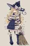  1girl absurdres alternate_costume bare_shoulders black_footwear blonde_hair boots bow broom commentary_request dress hair_between_eyes hat hat_bow highres holding holding_broom kirisame_marisa long_hair nikorashi-ka simple_background solo star_(symbol) touhou very_long_hair white_bow white_dress witch_hat 