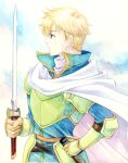  1boy agahari armor blonde_hair breastplate cape fire_emblem fire_emblem:_the_sacred_stones franz_(fire_emblem) green_armor green_eyes hand_on_own_hip holding holding_sword holding_weapon looking_to_the_side pauldrons shoulder_armor solo sword weapon white_cape 