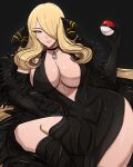  1girl artist_name bare_legs black_background black_choker black_dress black_gloves blonde_hair breasts choker cleavage cynthia_(pokemon) dress elbow_gloves fur-trimmed_dress fur_trim gloves grey_eyes hair_ornament hair_over_one_eye highres holding holding_poke_ball jewelry large_breasts legs long_hair lying navel omiza_somi parted_lips pendant poke_ball pokemon pokemon_(game) pokemon_dppt side_slit solo thighs 
