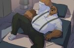 anthro bed bedroom belly big_belly bottomwear brown_body canid canine clothing detailed_background eyewear furniture glasses hi_res humanoid_hands inside lying male mammal overweight overweight_male p0sporo pants raccoon_dog shirt solo suspenders tanuki topwear 