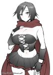  1girl absurdres alternate_breast_size black_hair breasts cleavage closed_mouth commentary corset cowboy_shot detached_sleeves fingerless_gloves ge-b gloves hand_on_own_chest highres huge_breasts looking_at_viewer midriff miniskirt pleated_skirt red_scarf ruby_rose rwby scarf simple_background skirt solo spot_color 