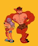  abs activision anthro bandicoot beard biceps big_muscles big_nipples black_nose blue_eyes bodily_fluids bottomwear brown_body brown_fur brown_hair clothing crash_bandicoot crash_bandicoot_(series) crunch_bandicoot cybernetic_arm cybernetic_limb duo ear_piercing facial_hair footwear fur gloves green_eyes grin hair handwear hi_res inflatable larger_male male male/male mammal marsupial mezcal_(artist) muscular muscular_anthro muscular_legs muscular_male muscular_thighs nipple_piercing nipples pecs piercing red_body red_fur red_hair sandals shorts simple_background size_difference smaller_male smile standing sweat tongue tongue_out water_wings 