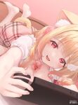  1girl absurdres animal_ear_fluff animal_ears bell blonde_hair blush breasts cat_ears cat_girl cat_tail cleavage fang gradient_hair hair_ribbon handheld_game_console highres kemomimi_refle! kuyukian3 looking_at_viewer lying mole mole_under_eye multicolored_hair neck_bell nekoma_karin nintendo_switch on_stomach open_mouth pink_hair pink_ribbon plaid plaid_skirt red_eyes ribbon shirt short_sleeves skirt solo tail virtual_youtuber 