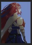  1girl alear_(female)_(fire_emblem) alear_(fire_emblem) blue_background blue_hair cape crying fire_emblem fire_emblem_engage hair_between_eyes highres illust_mi long_hair long_sleeves looking_to_the_side multicolored_hair red_hair simple_background skirt solo tears two-tone_hair 