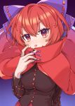  1girl absurdres black_shirt blue_bow blush bow cape e_sdss fingernails gradient_background hair_between_eyes hair_bow highres long_sleeves looking_at_viewer red_cape red_eyes red_hair red_skirt sekibanki shirt short_hair skirt solo tongue tongue_out touhou upper_body 