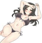  1girl aa211108 arms_up barefoot bikini black_bikini black_hair blush breasts closed_mouth commentary dot_nose green_eyes half-closed_eyes idolmaster idolmaster_cinderella_girls large_breasts legs long_hair looking_at_viewer lying mukai_takumi navel side-tie_bikini_bottom sidelocks solo stomach swimsuit thighs white_background 