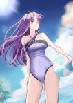  1girl ball blue_sky bow braid cloud eiyuu_densetsu hair_bow highres kuro_no_kiseki long_hair ocean one-piece_swimsuit one_eye_closed outdoors purple_hair renne_(eiyuu_densetsu) sen_no_kiseki single_braid sky smile solo sun_glare swimsuit tokita91783183 volleyball_(object) yellow_eyes 