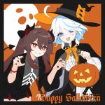  2girls ahoge black_border black_nails black_shorts blue_eyes blue_hair border brown_hair commentary flower-shaped_pupils furina_(genshin_impact) genshin_impact ghost gradient_hair hair_between_eyes hair_ornament hairclip halloween halloween_bucket halloween_costume happy_halloween hat horns hu_tao_(genshin_impact) jewelry leaning_forward long_hair looking_at_viewer mismatched_pupils multicolored_hair multiple_girls multiple_rings nail_polish open_mouth orange_background orange_nails red_eyes red_hair ring rj_(lingshih10) shorts symbol-only_commentary symbol-shaped_pupils tail teeth twitter_username upper_teeth_only very_long_hair white_hair witch_hat 