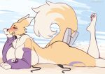  anthro bandai_namco big_breasts bodily_fluids breasts digimon digimon_(species) drooling female fur genital_fluids hi_res lemonbizate_(artist) looking_pleasured lying on_front pussy_juice renamon saliva sex_toy solo untied_bikini vaginal vibrator wand_vibrator yellow_body yellow_fur 